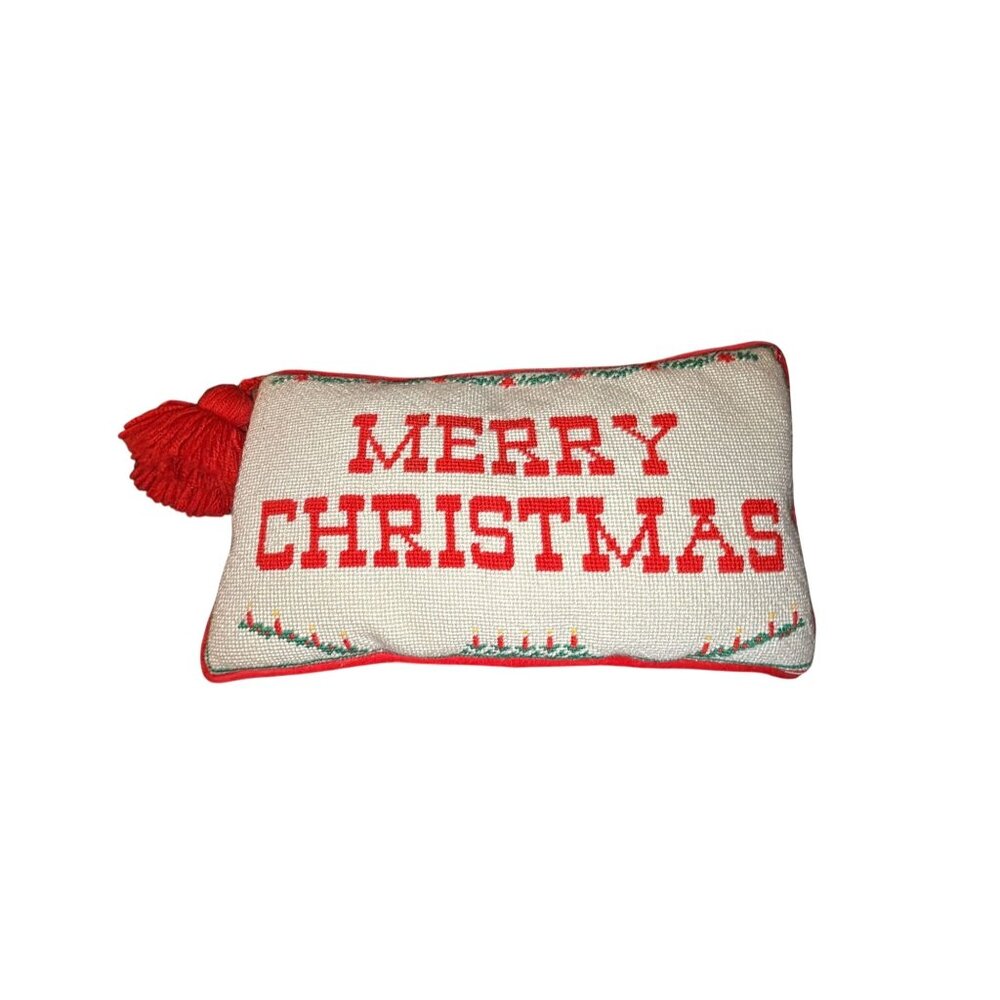 Handmade Vintage Merry Christmas Needlepoint Pillow Tassel Bell 18" x 10"